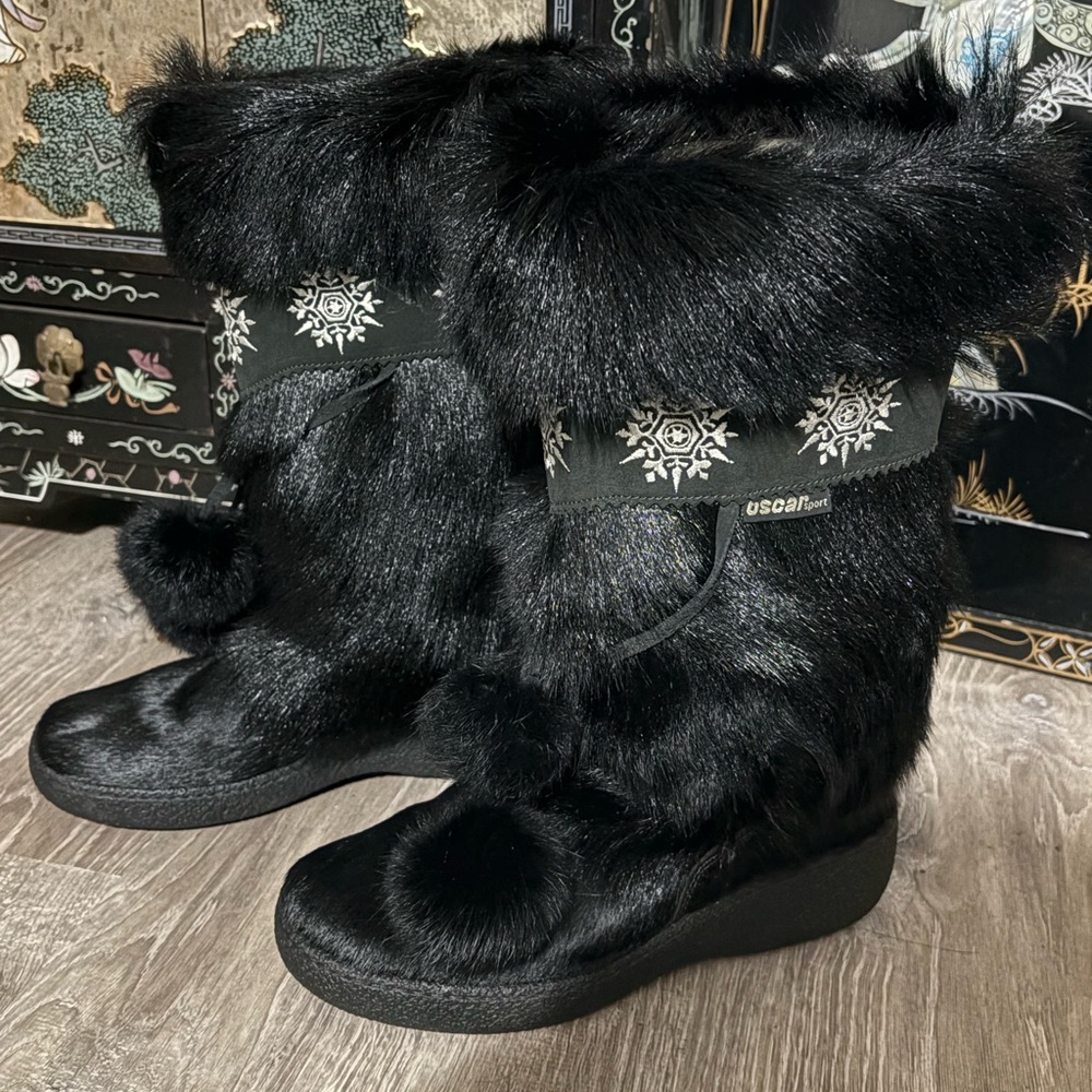 Women's Black Fur Boots Oscar Sport Snowflake Winter Snow High Quality
